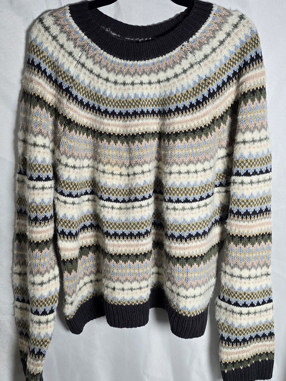 American Eagle Cream Multi Color Neutral Fair Isle Crewneck Sweater, Sz XXL
